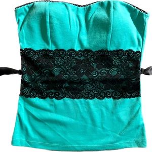 Aquamarine and Black lace Semi Formal Strapless top padded bust size Small